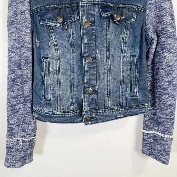 Free People Mixed Media Distressed Denim Jacket  with Knit Sleeves - Picture 6 of 16
